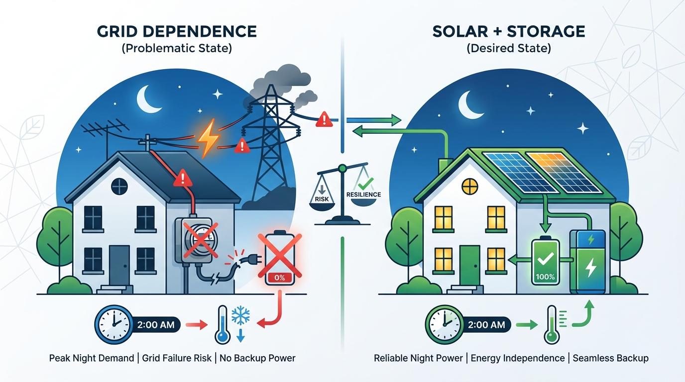 Problem scenario illustration for Reason 3: Grid Dependence Fails Right When Nights Are Worst