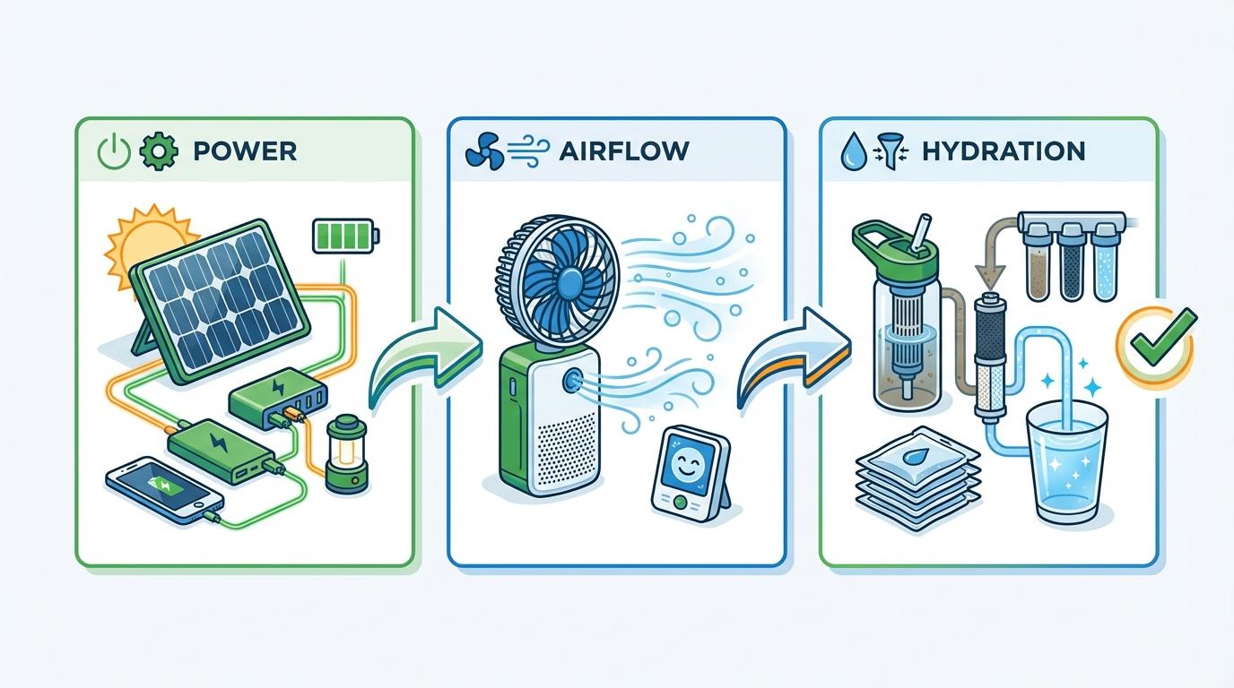 Step-by-step illustration for 72-Hour Survival Checklist Power, Airflow, Hydration