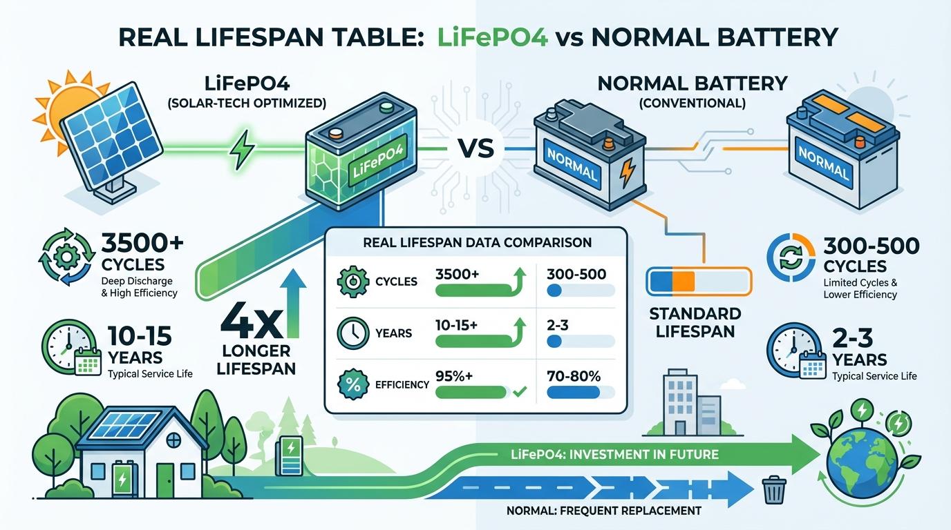 Data visualization for LiFePO4 vs Normal Battery: Real Lifespan Table