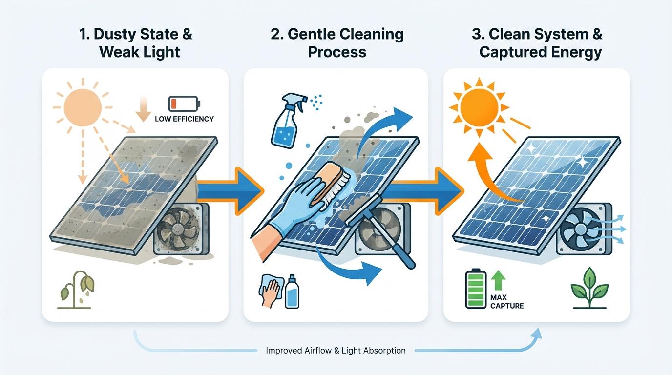 Step-by-step illustration for Trick 4: Clean the Panel and Fan So Weak Sunlight Still Counts