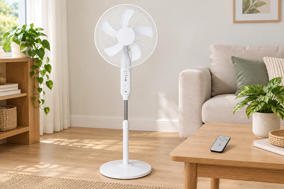 White 198F-style standing fan and a small handset on a wood table