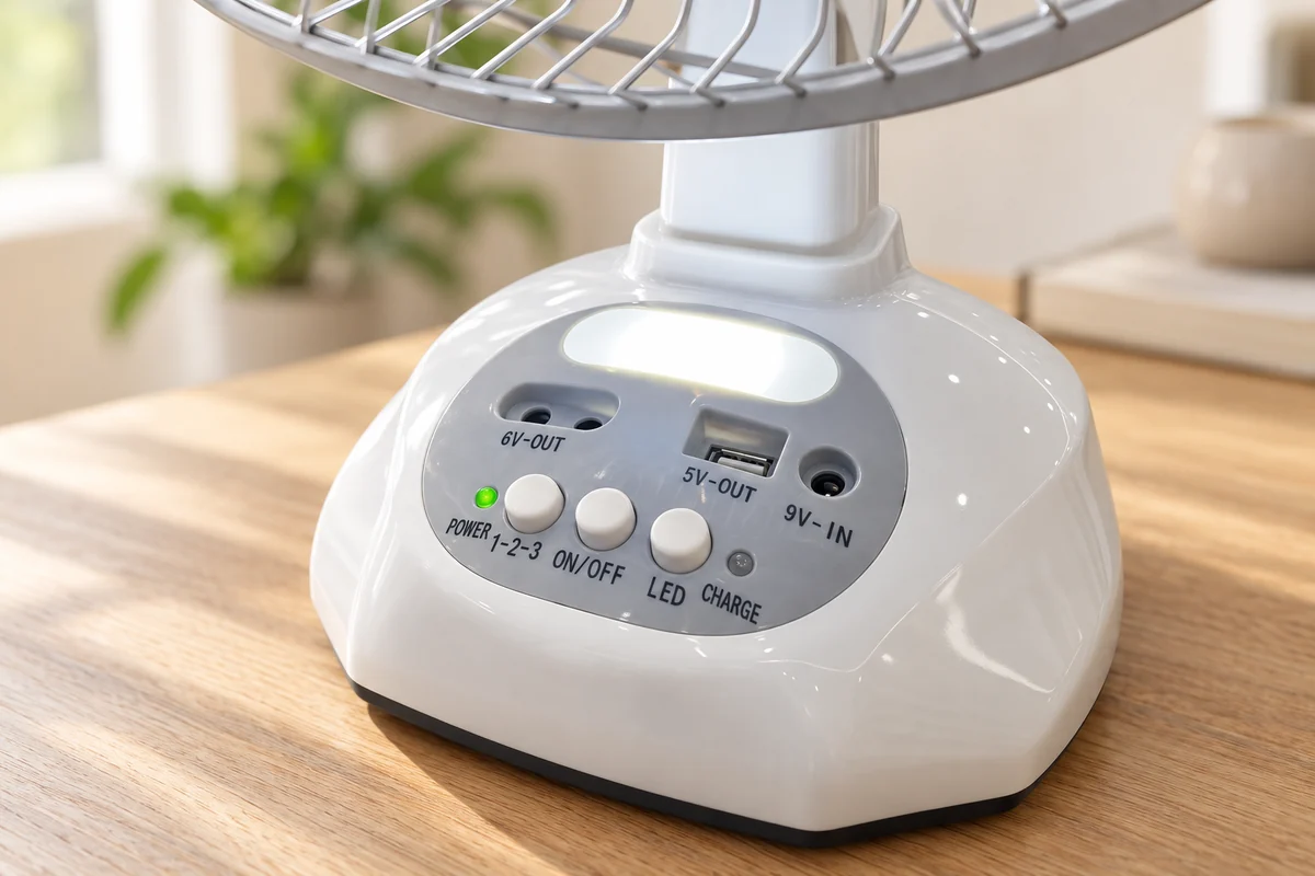White-grey T02 fan base and labelled ports on a wood tabletop