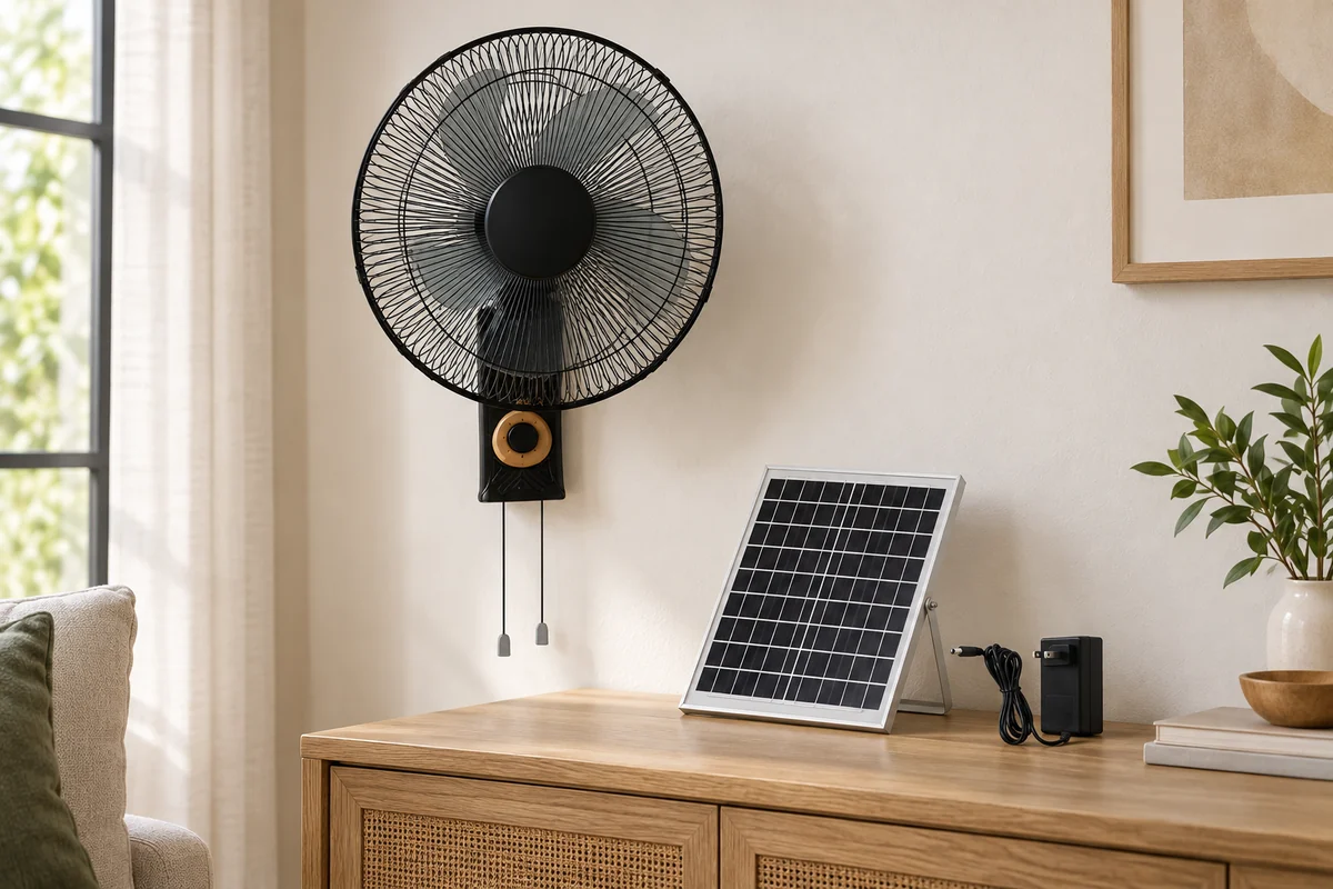 Black W01-style wall fan above a wood console, with a solar panel and unplugged charger