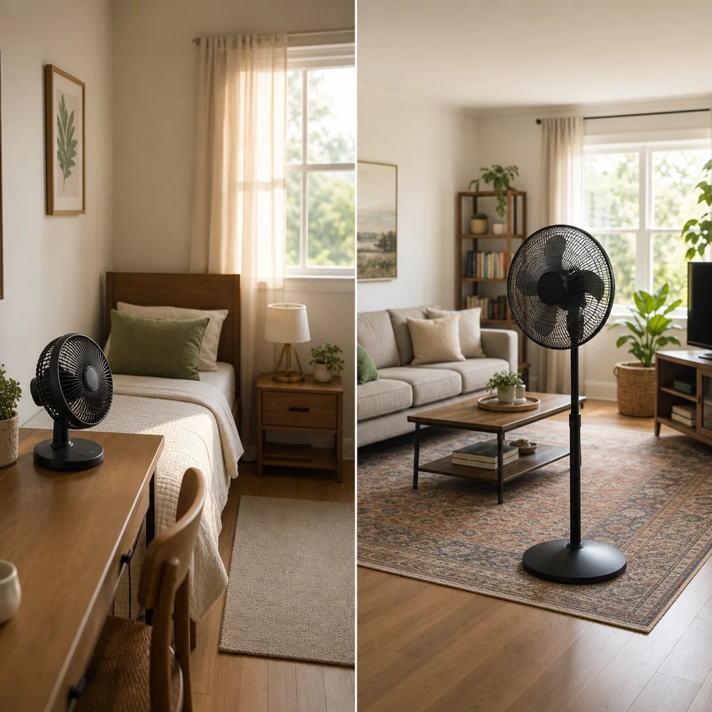 Two home rooms showing different stand fan sizes matched to different spaces