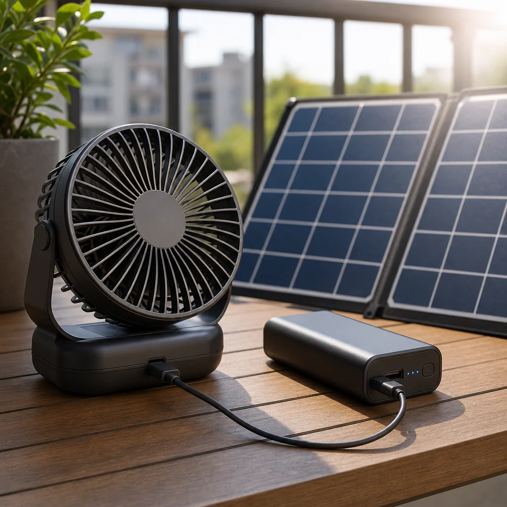 Rechargeable fan setup emphasizing battery backup and solar charging