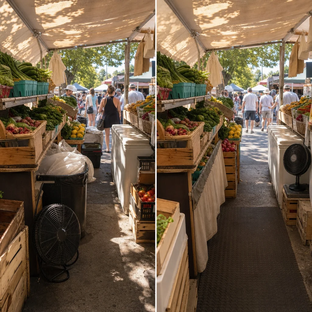 Crowded market stall showing why cooling needs differ from a patio