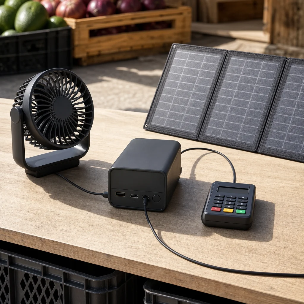Portable fan, battery, and solar panel sized for a market stall workday