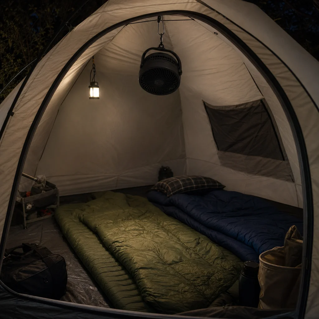 Hanging fan cooling a small tent without taking up floor space