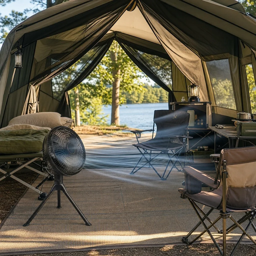 Stand fan cooling a larger tent or campsite shelter