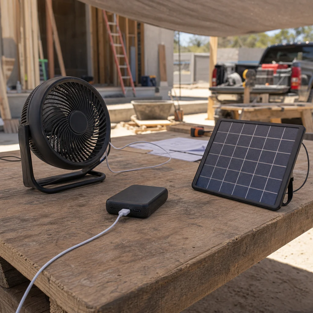 Portable fan using USB charging with a compact solar-supported power setup