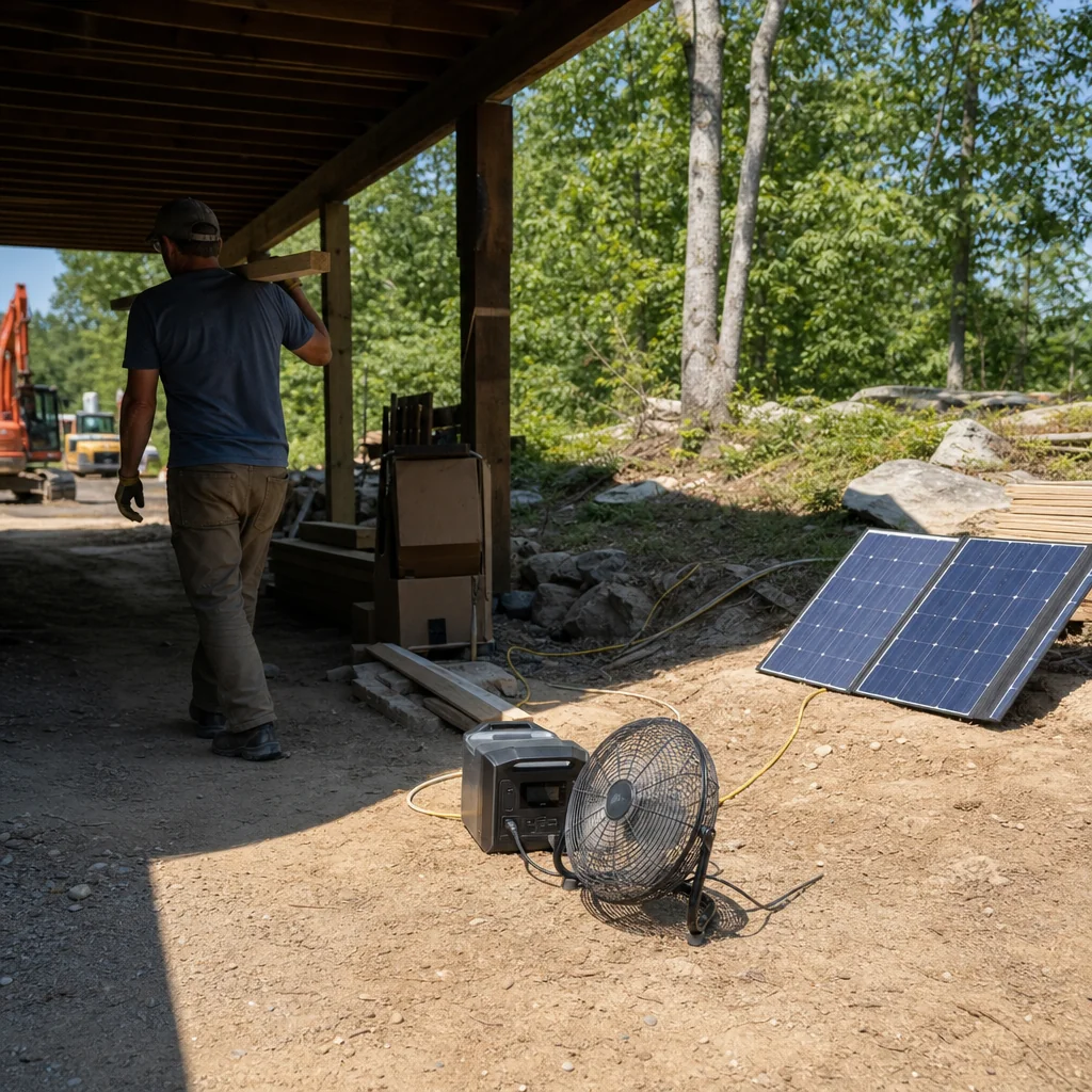 Solar panel in sun and fan in shade during an outdoor workday