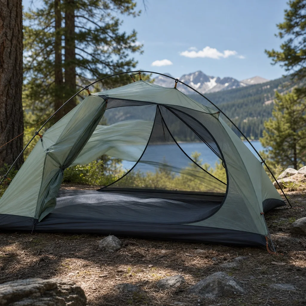 Tent ventilation setup creating cross airflow without mains power