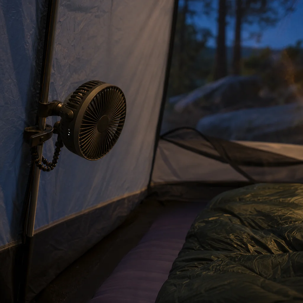 Compact off-grid fan improving airflow inside a tent