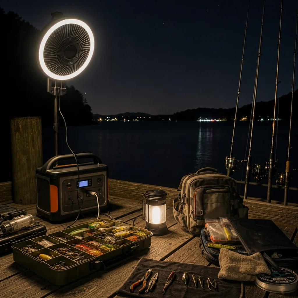 Night fishing gear arranged around a fan and light combo for long runtime