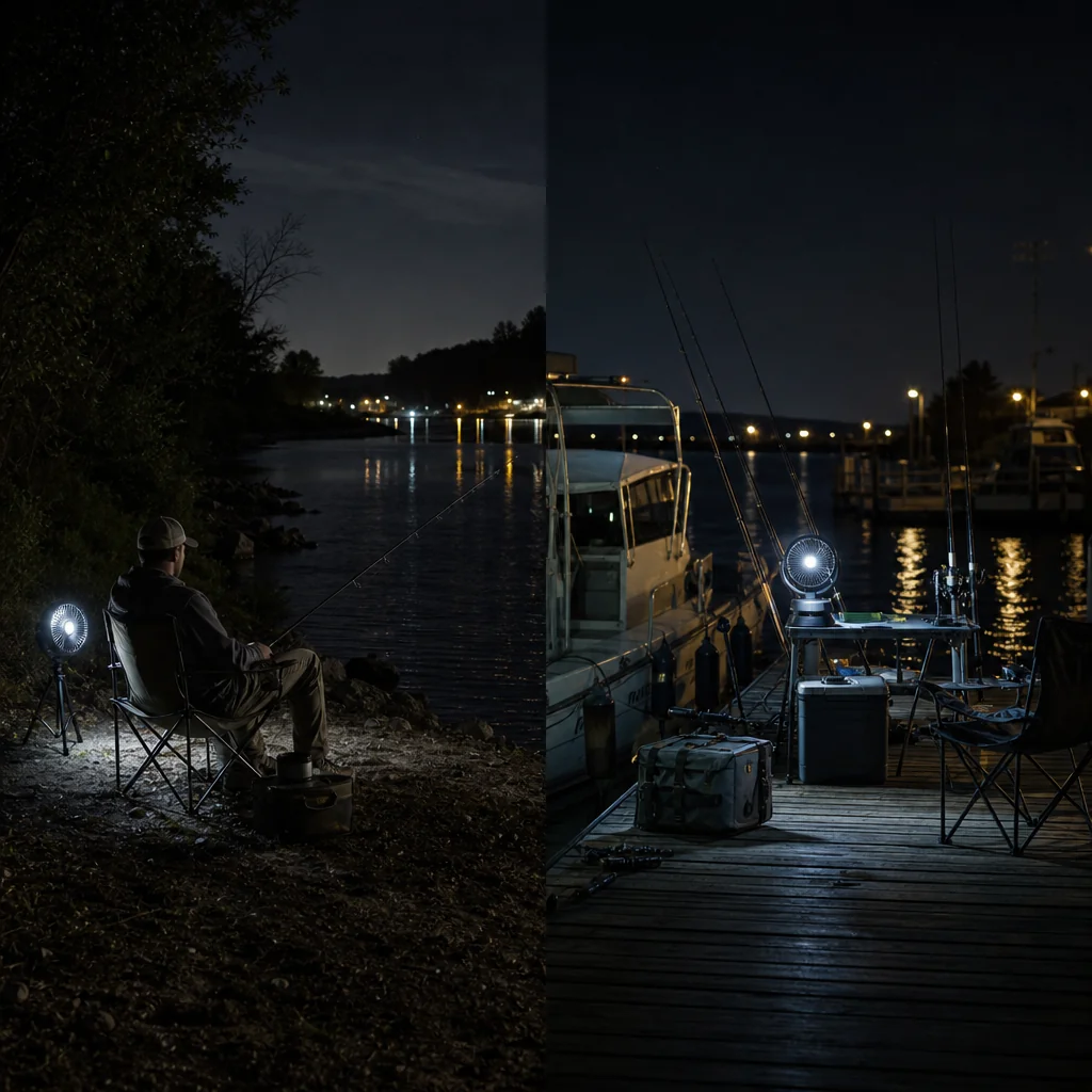 Two practical night fishing setups using fan and light combos
