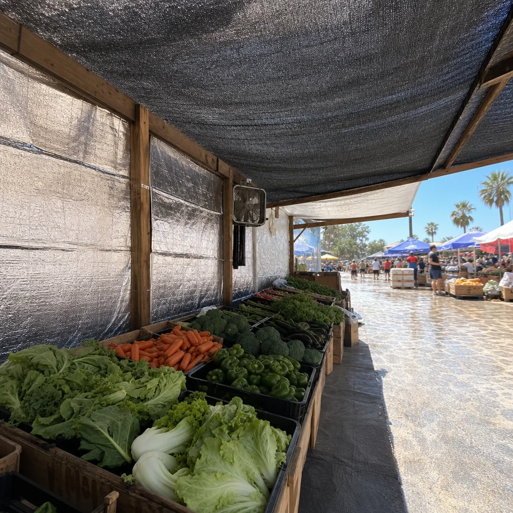 Well-shaded market booth designed to reduce heat load