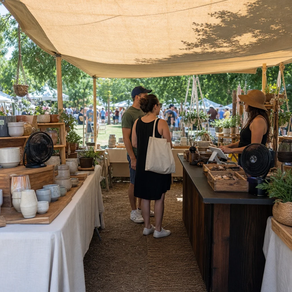 Portable fans improving airflow inside a shaded vendor booth
