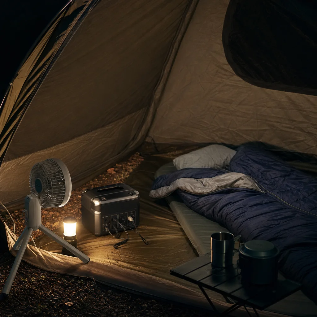 Tent fan and battery setup sized for overnight runtime