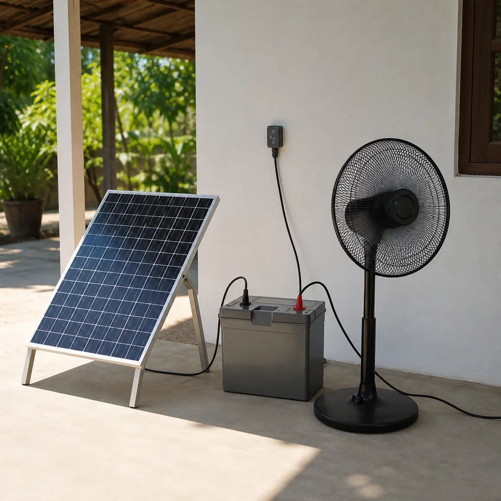 Balanced fan, battery, and solar panel setup sized for practical use