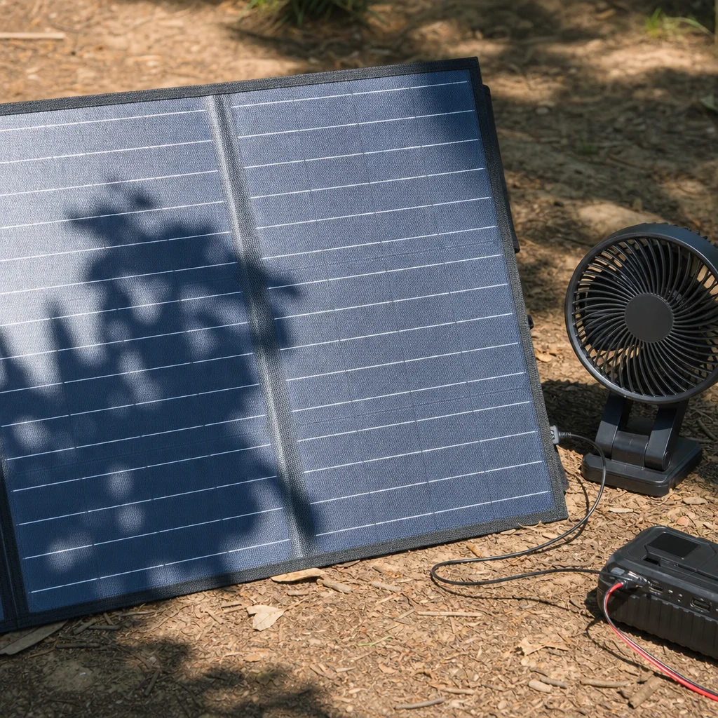 Branch shadow crossing part of a solar panel connected to a fan