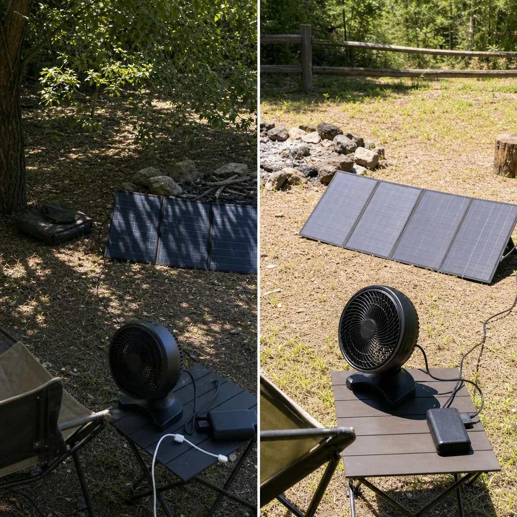 Solar panel repositioned from shade into better sunlight for improved fan performance