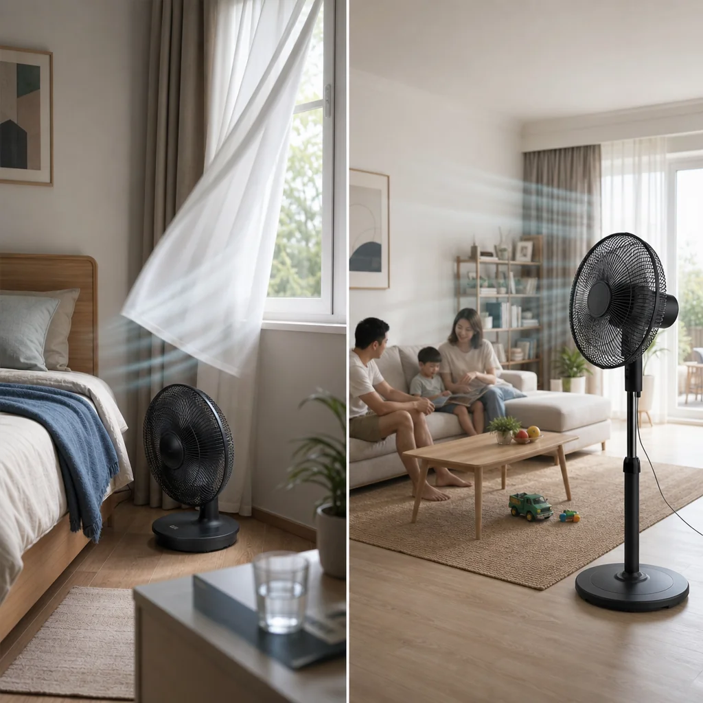 Small room and larger room using different fan sizes