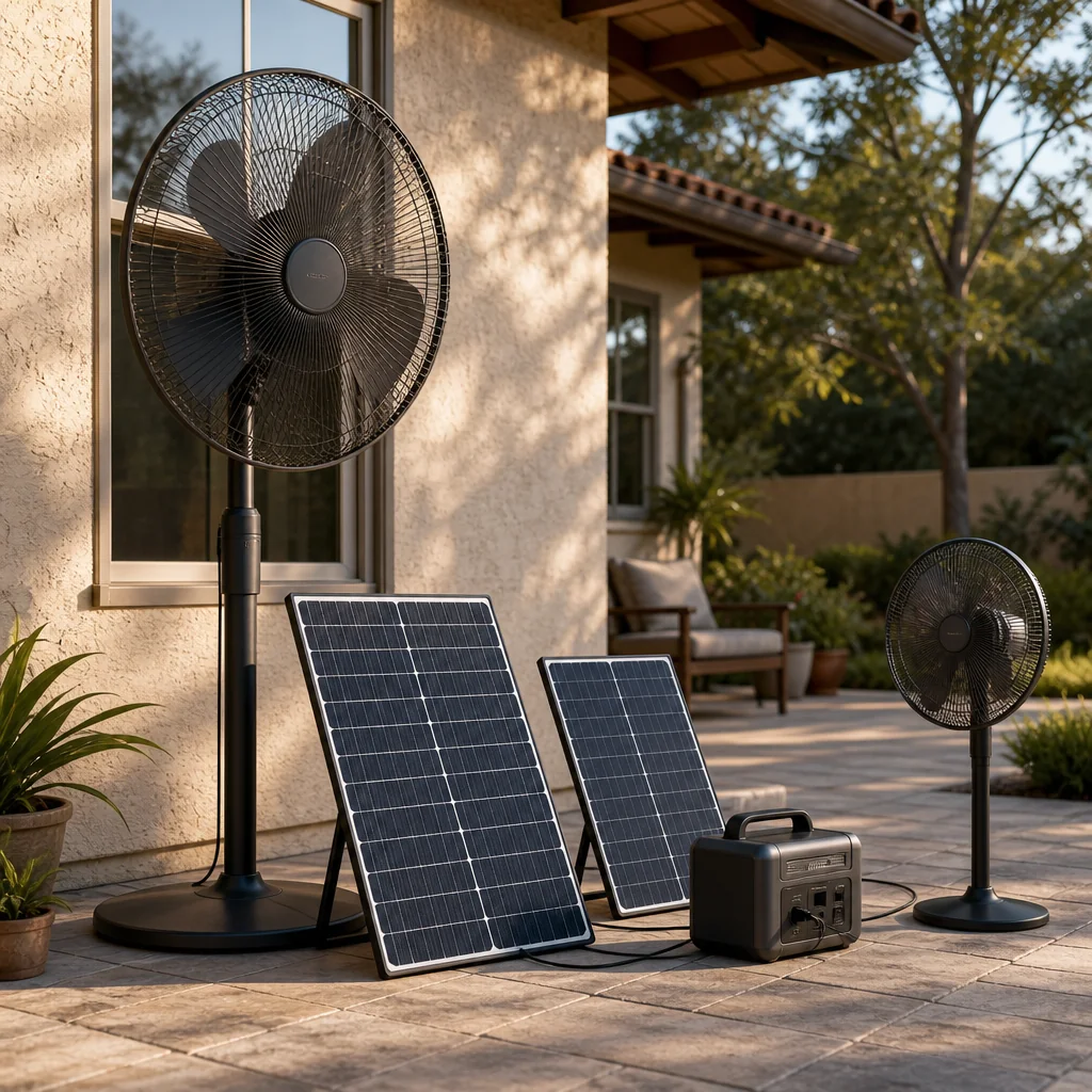 Two fan sizes shown with solar panels and battery equipment