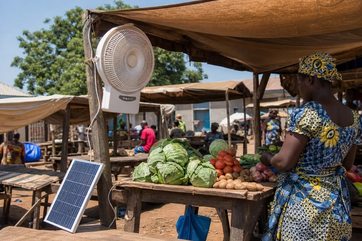 Compact built-in battery solar fan cooling a market stall