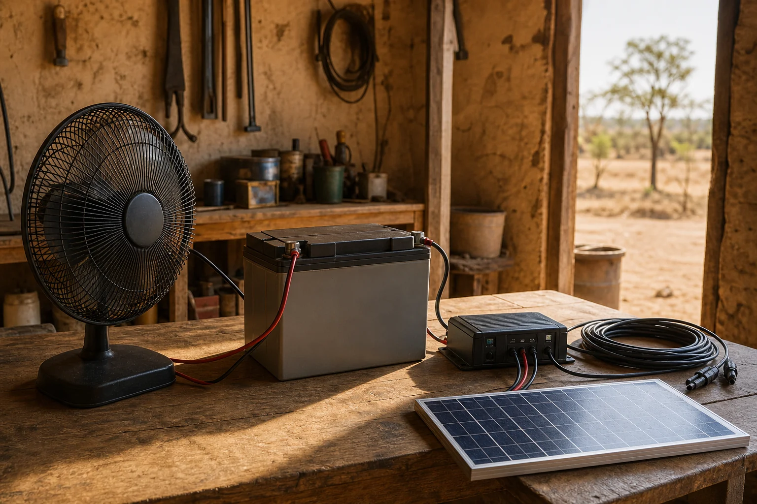 External battery solar fan system arranged in an off-grid workshop