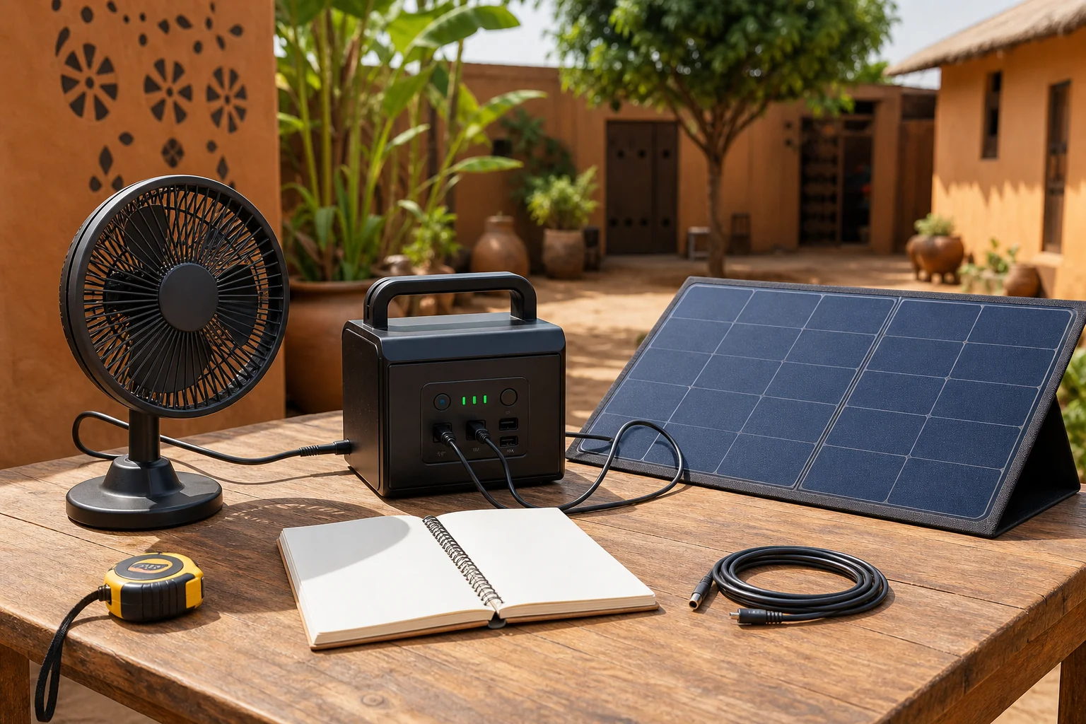 Solar fan, battery, and panel arranged for a recharge calculation