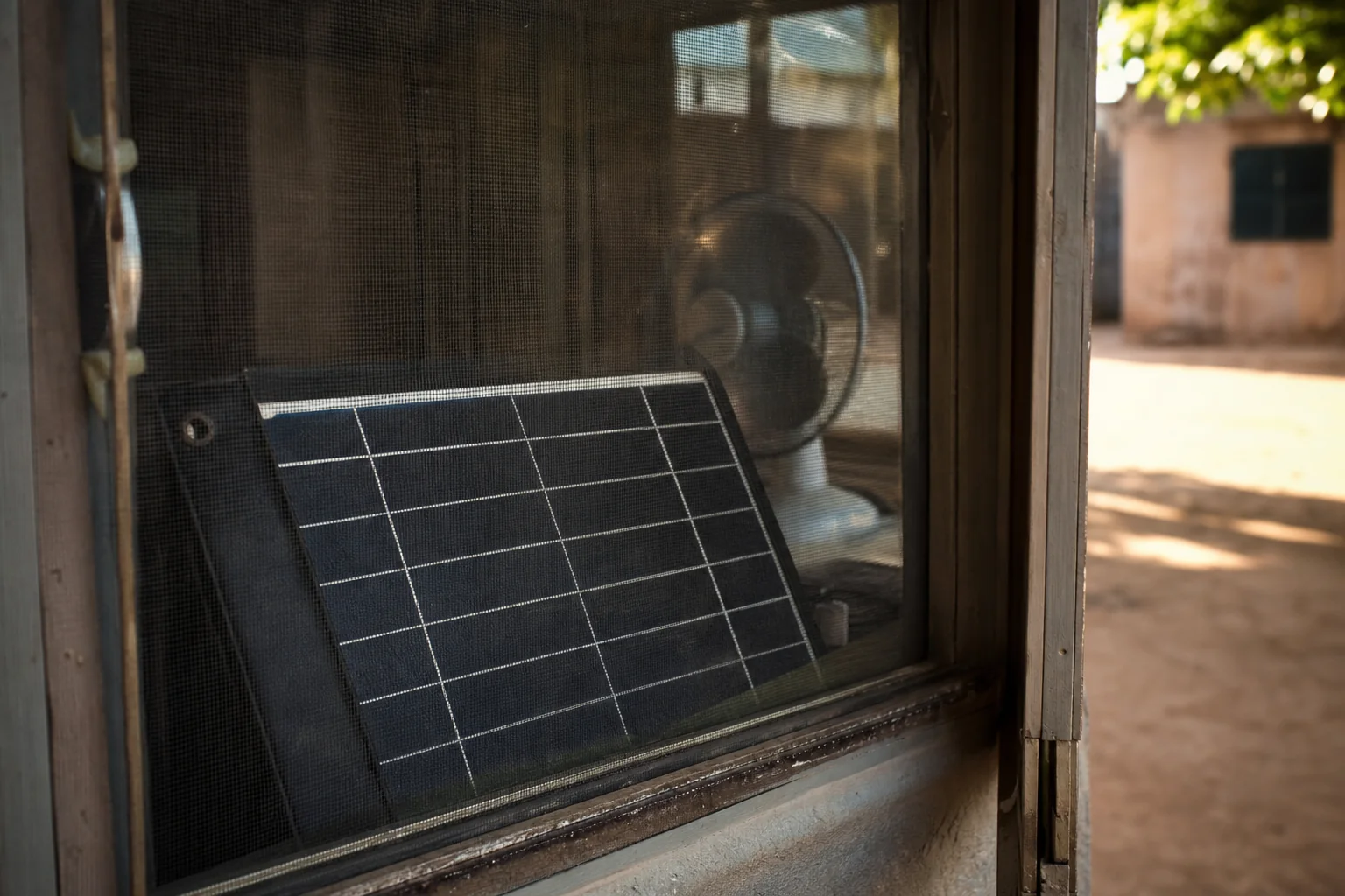 Solar panel behind glass with reduced sunlight