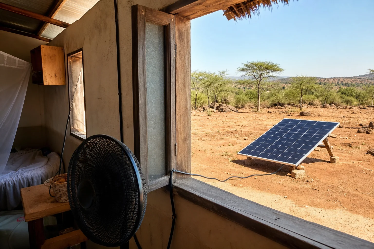 Outdoor solar panel powering an indoor fan through a window