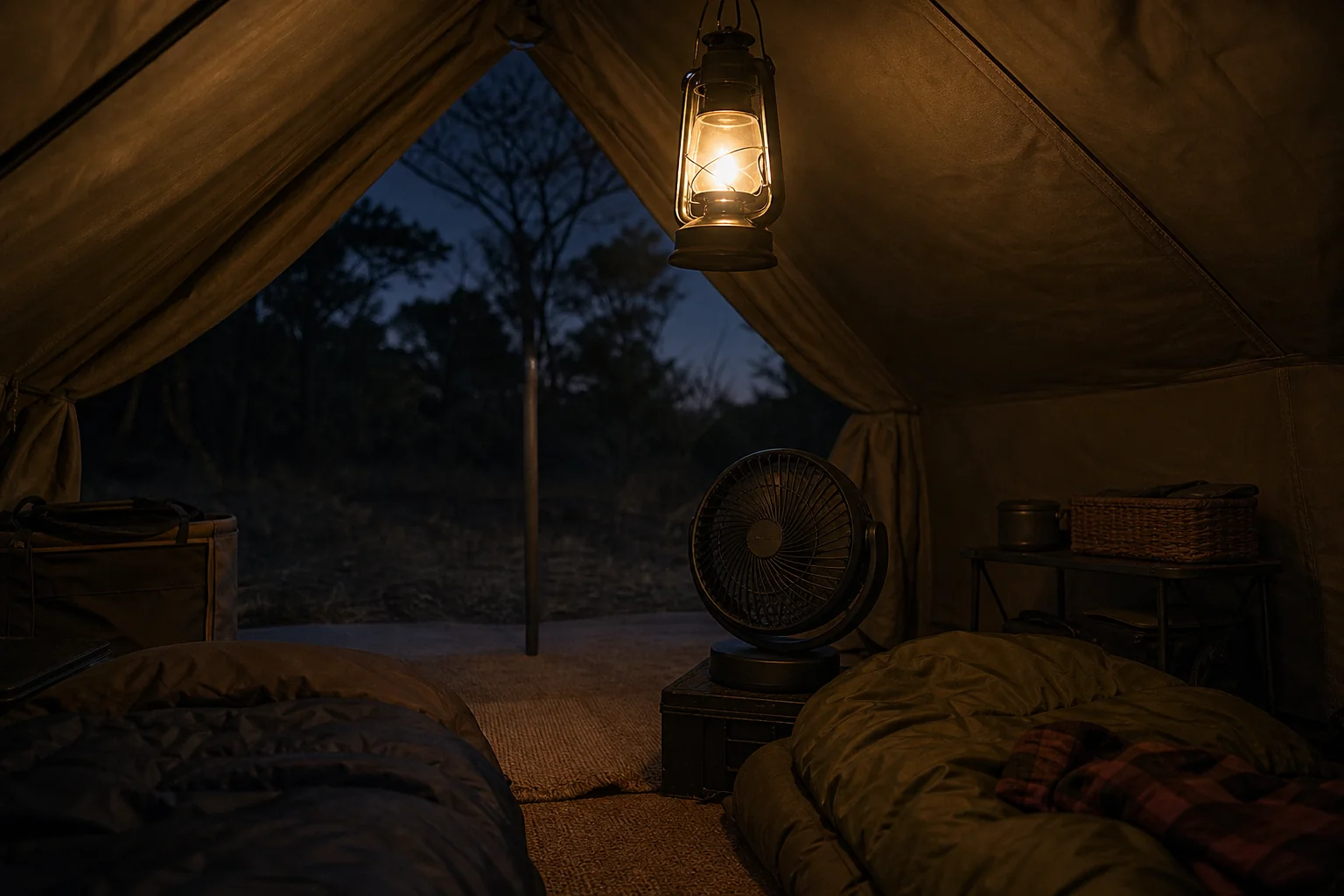 Low speed fan providing quiet overnight airflow in a tent