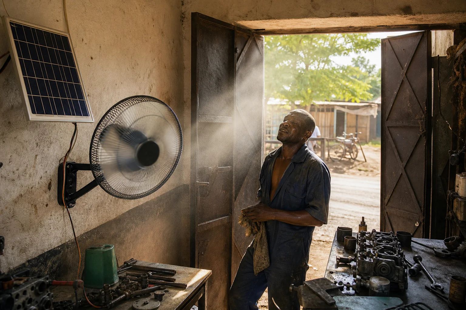 Solar fan used on high speed for quick workshop ventilation