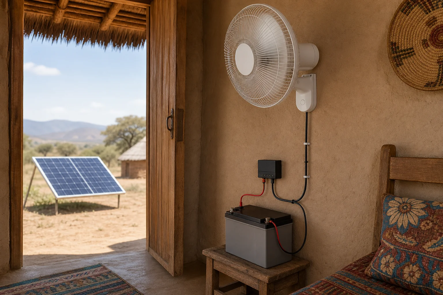 DC fan connected directly to a battery and solar controller