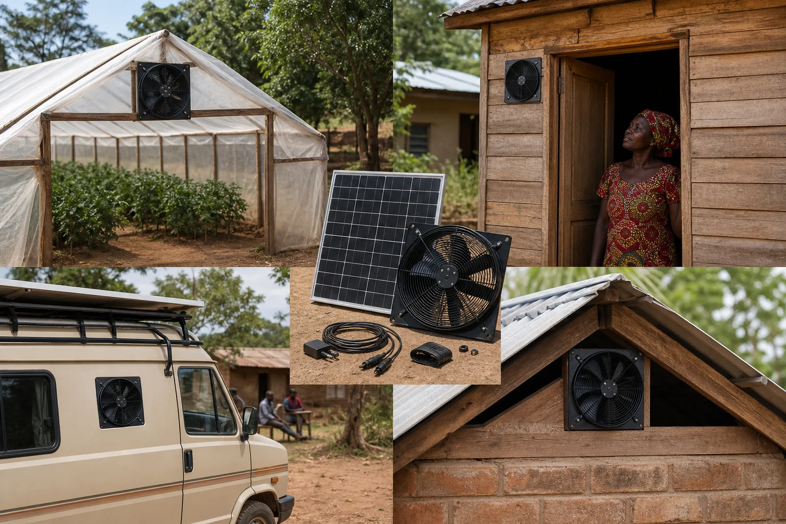 Solar fan backup setups for greenhouse cabin van and attic uses