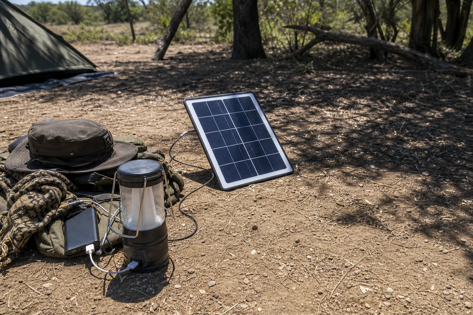 Solar camping light charging in sun with backup power nearby