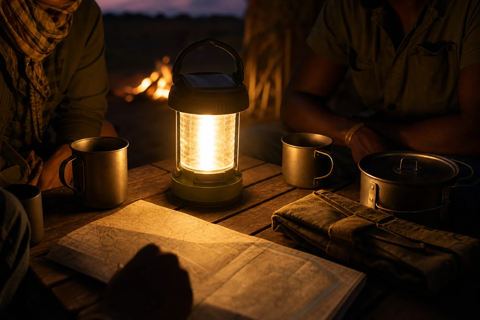 Solar lantern providing soft shared camp light