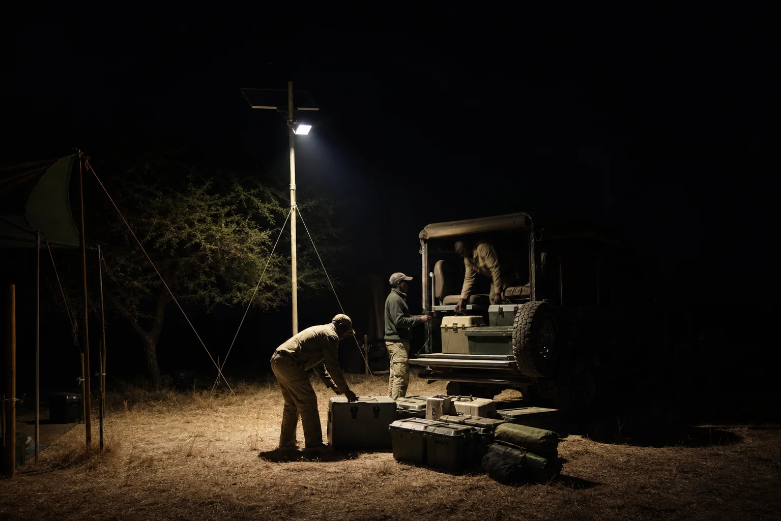 Solar flood light illuminating a campsite vehicle area