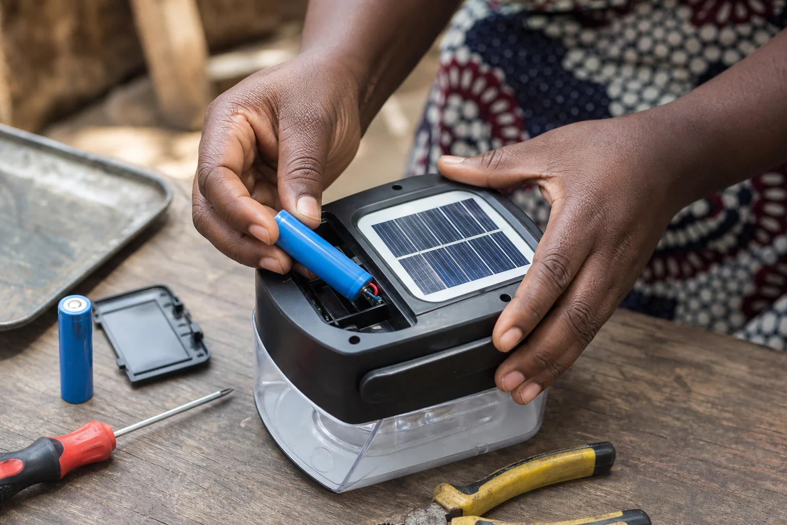 Removable battery being replaced in a solar emergency lamp