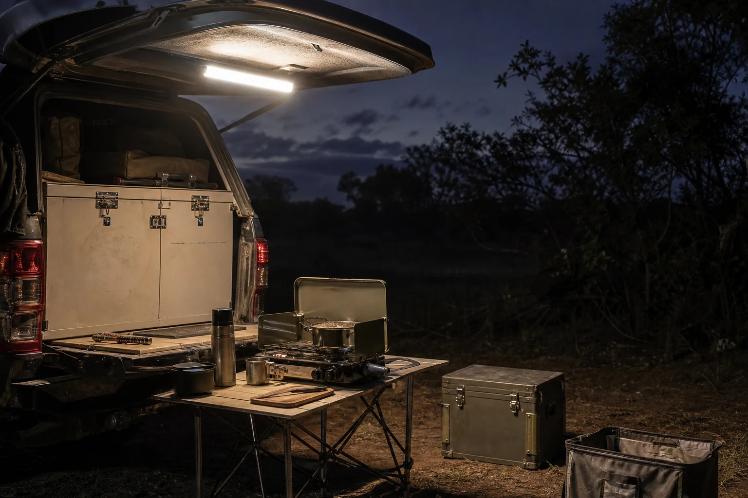 Magnetic LED tube light mounted under a vehicle hatch at camp