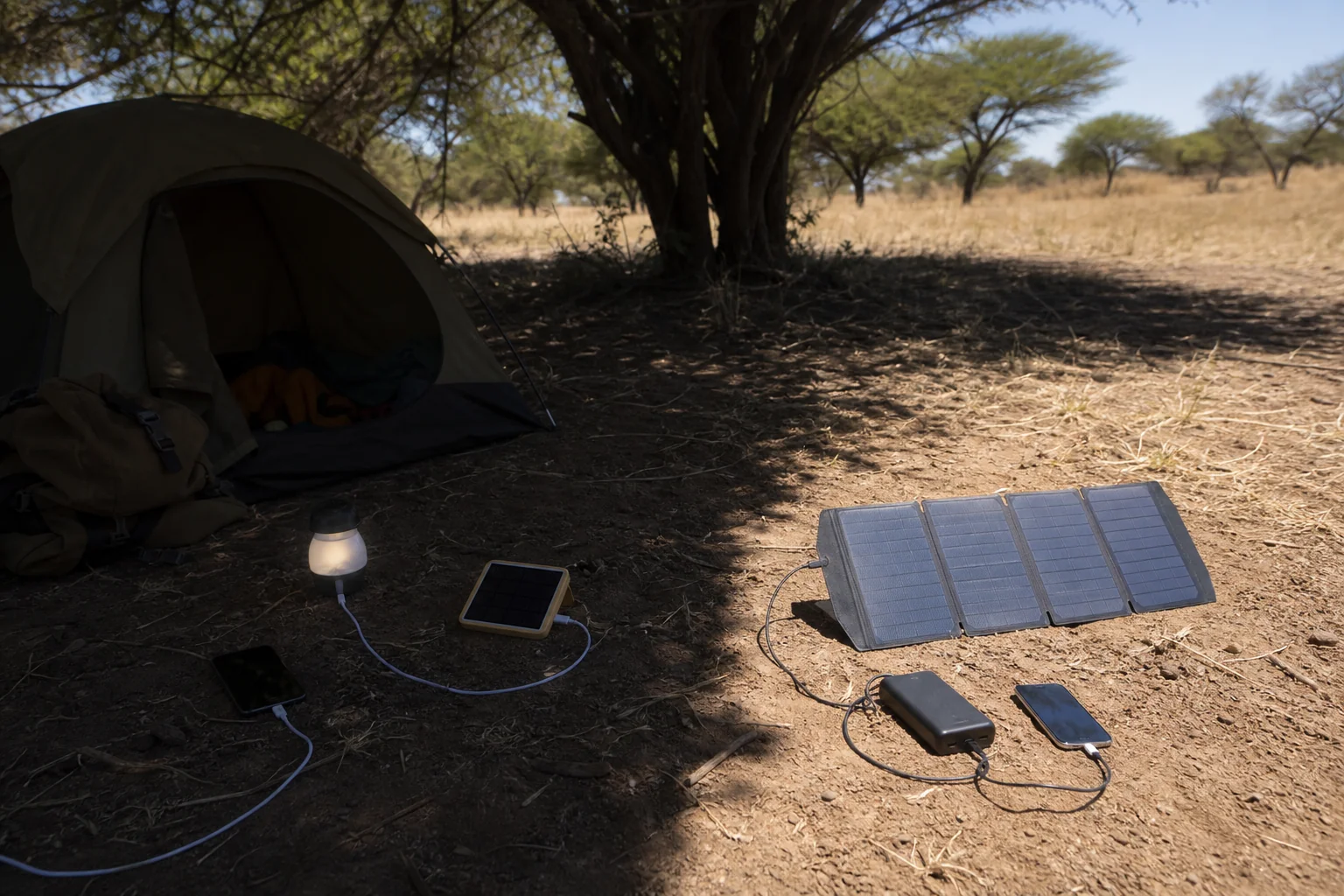Dedicated solar panel and power bank compared with a small tent light