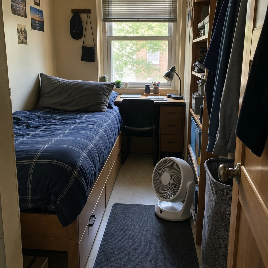 Tight small-room layout showing why floor space changes fan choice