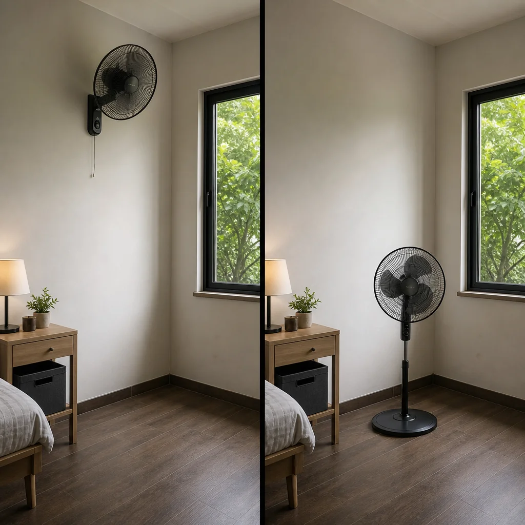 Side-by-side comparison of wall fan and stand fan in a small room