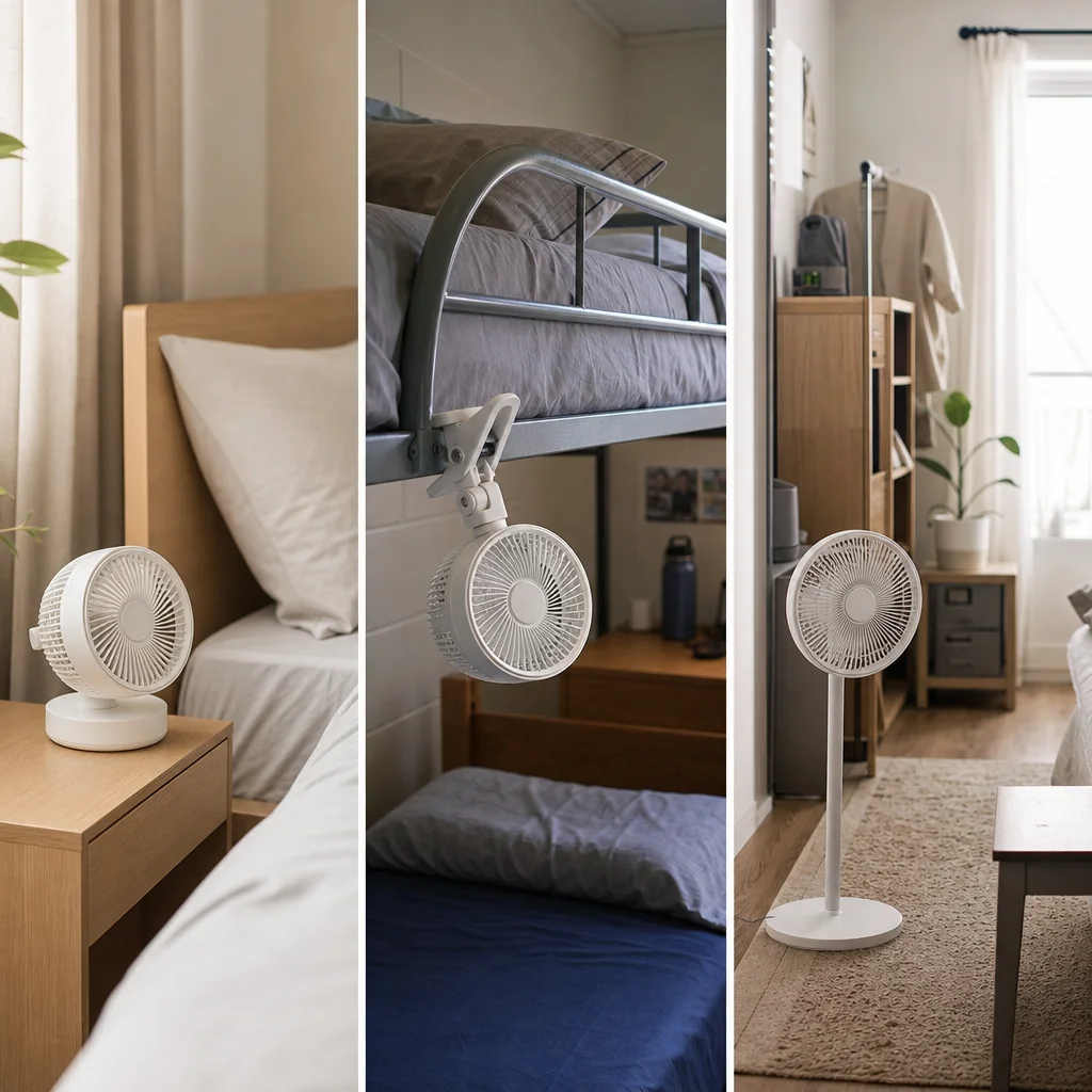 Quiet fan use at bedside, near a bunk, and in a small room