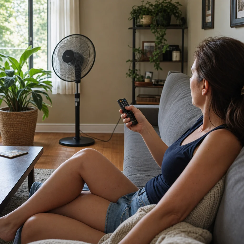 Person adjusting a room fan remotely from across the room