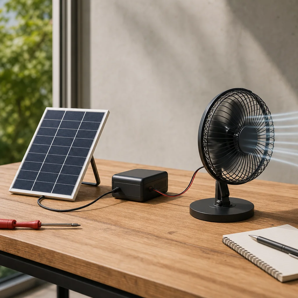 Efficient solar fan setup illustrating why motor efficiency matters off-grid