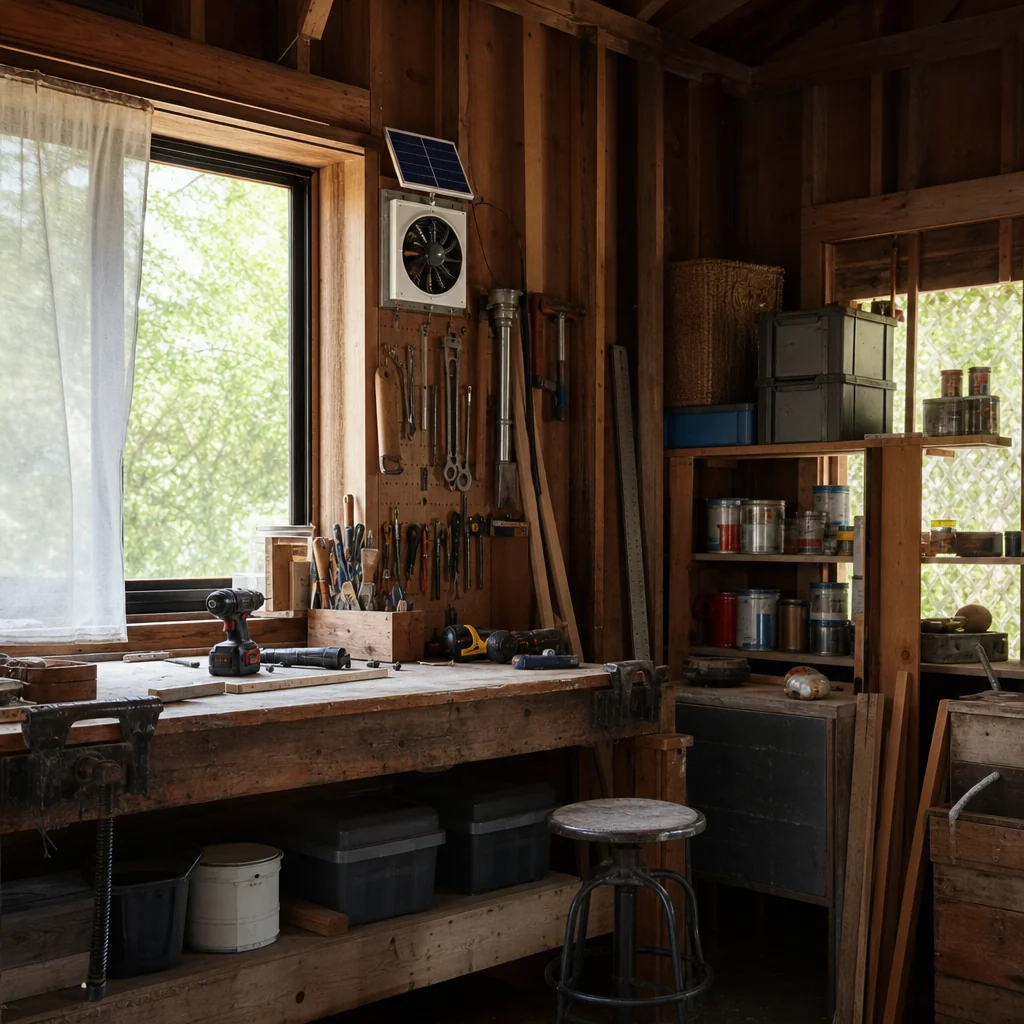 Quiet solar fan ventilating a small workshop during everyday use
