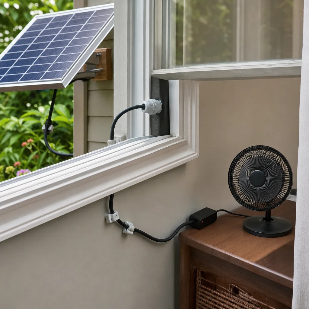 Safe cable routing from an outdoor solar panel to an indoor fan charging setup