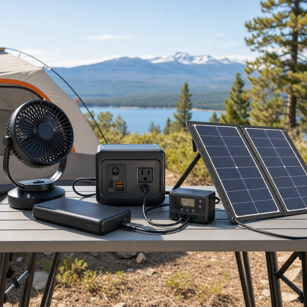 Camping fan shown as part of a battery and solar power system